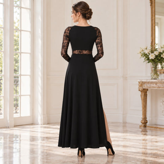 Aurora Vale black lace split dress on model, back view