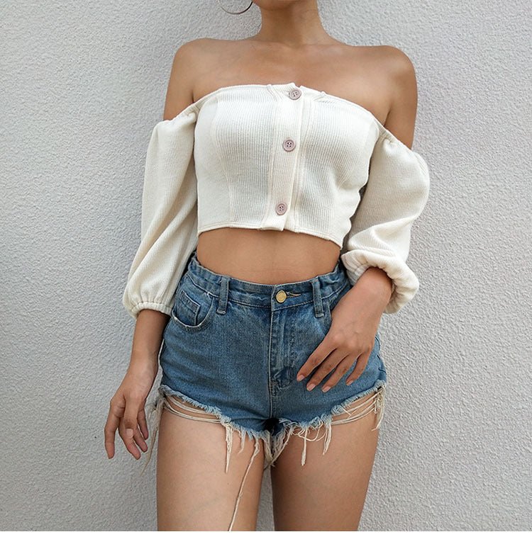 Beige Off-Shoulder Lantern Sleeve Blouse by The Nevermore