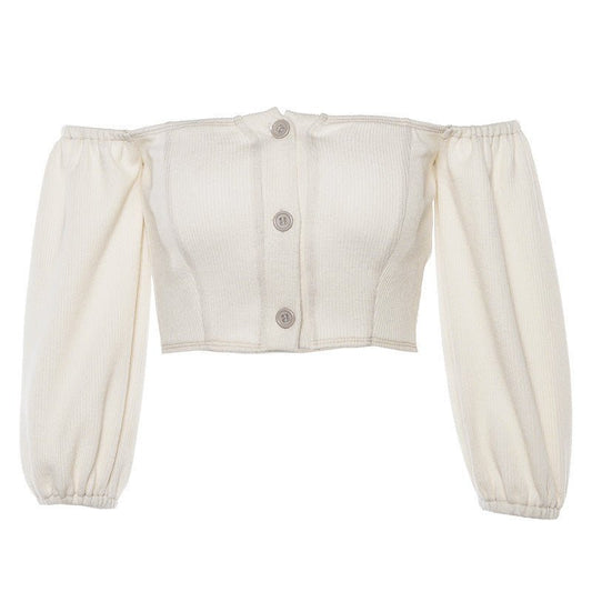 Beige Off-Shoulder Lantern Sleeve Blouse by The Nevermore