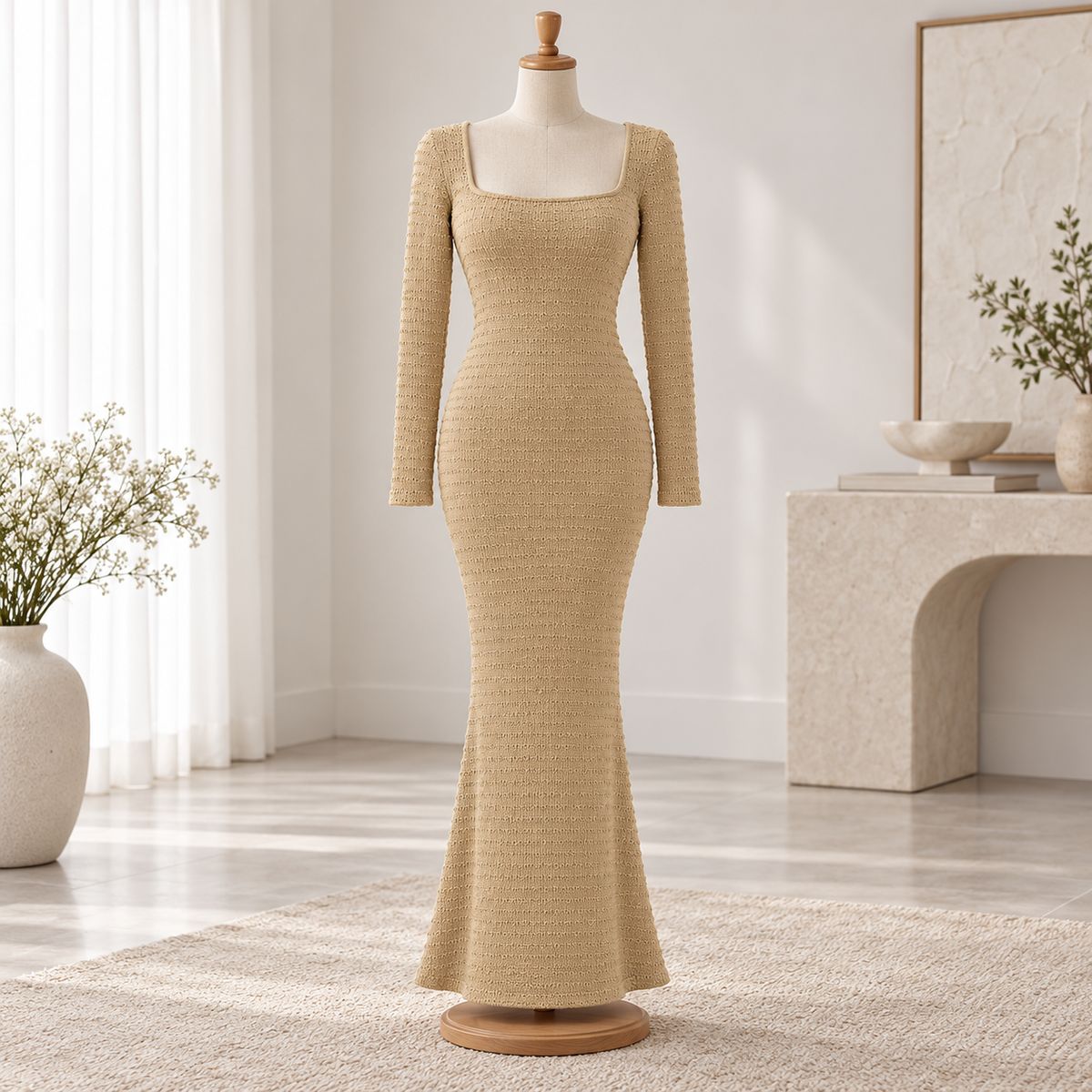 Blaze – Elegant Knitted Maxi Dress by The Nevermore – Unique Dresses by The Nevermore | L Beige
