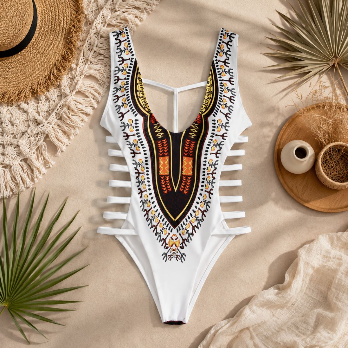 Cutout One-Piece Swimsuit - Sahara Eclipse by The Nevermore – Unique Boho Swimwear by The Nevermore | L White