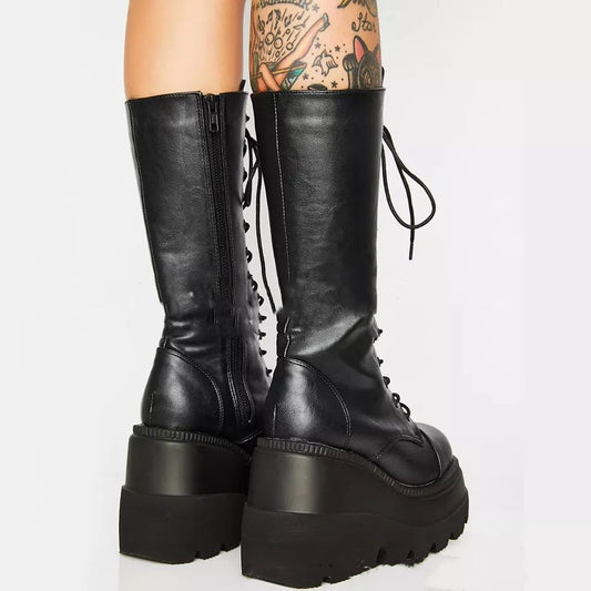 Darklace - Gothic Platform Knight Boots by The Nevermore – Unique Gothic Fashion for Women by Nevermore Lifestyle & Tech | 35 Black lace