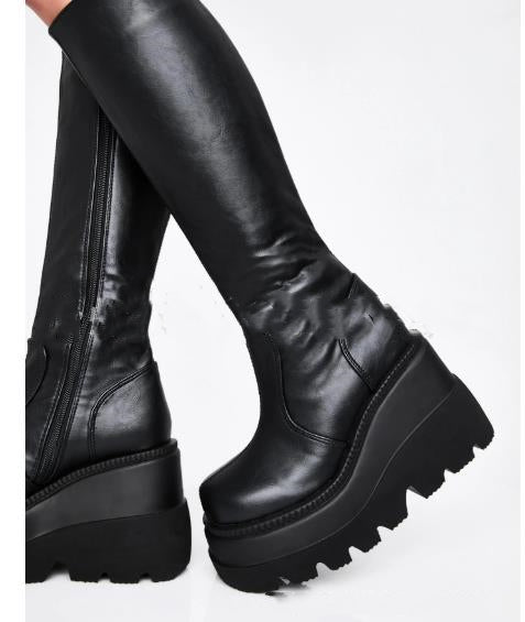 Desdemona - Gothic Platform Knight Boots by The Nevermore – Unique Gothic Fashion for Women by Nevermore Lifestyle & Tech | 35 Black side pull