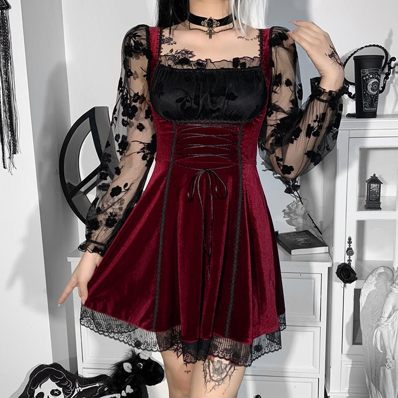 Elysande Spirit - The Nevermore Gothic Dress Lovely Velvet Long Sleeved – Unique Gothic Fashion for Women by Nevermore Lifestyle & Tech | L Red