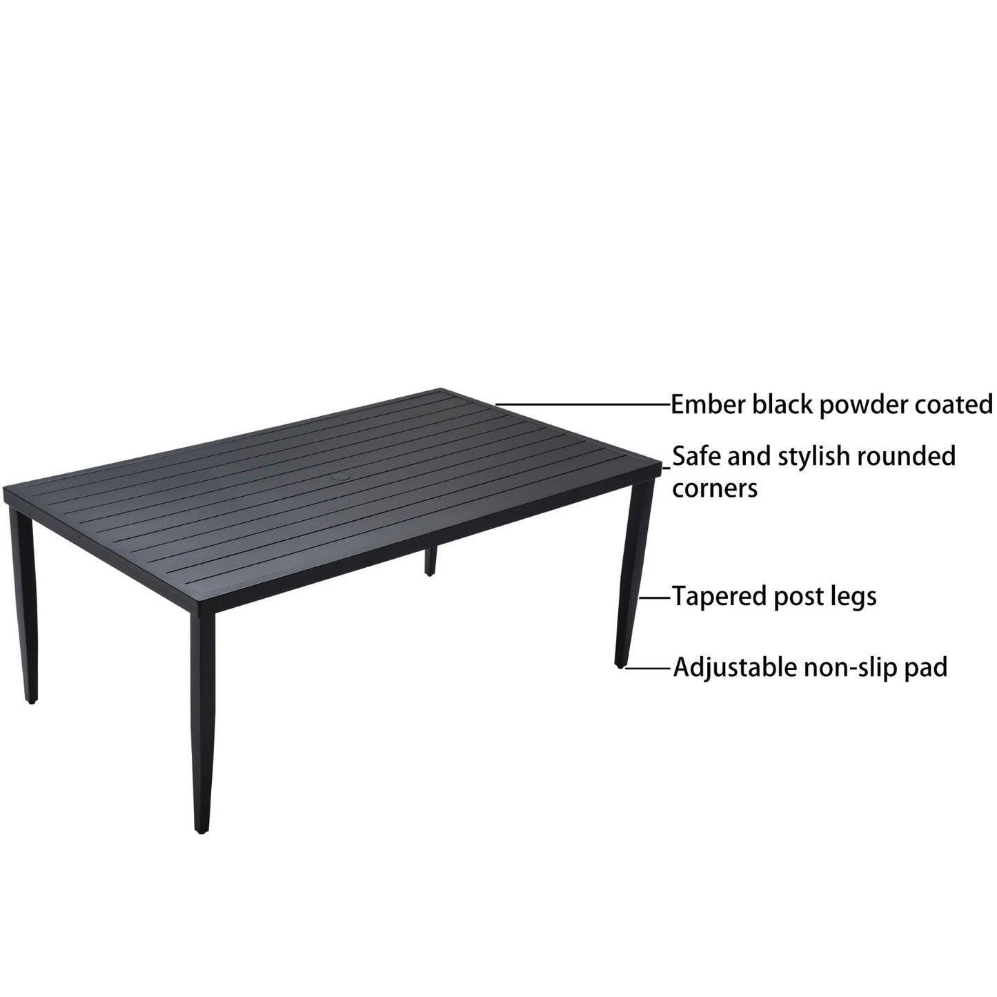Outdoor Patio Aluminum 40x70 Rectangle Dining Table With Tapered Feet Umbrella Hole, Ember Black