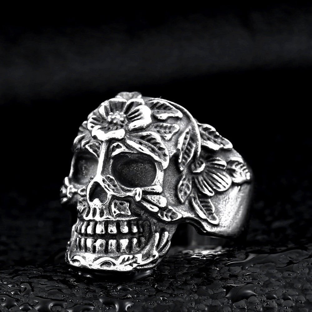 Floral Skull - The Nevermore Gothic Ring Titanium Steel – Unique Gothic Jewelry by Nevermore Lifestyle & Tech | US7