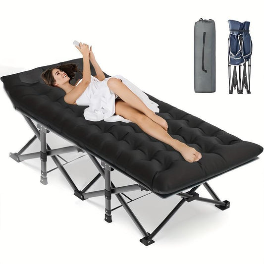 Black Heavy-duty Foldable Camping Bed With A Storage Bag, Suitable For Travel, Office Use, And RV Trips.