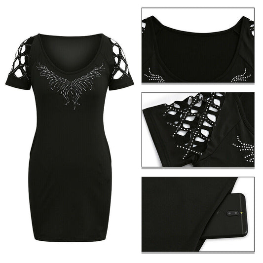 Women's Short Sleeve Cutout Diamond Pocket Slim Fit Dress