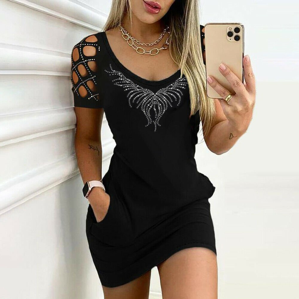 Women's Short Sleeve Cutout Diamond Pocket Slim Fit Dress