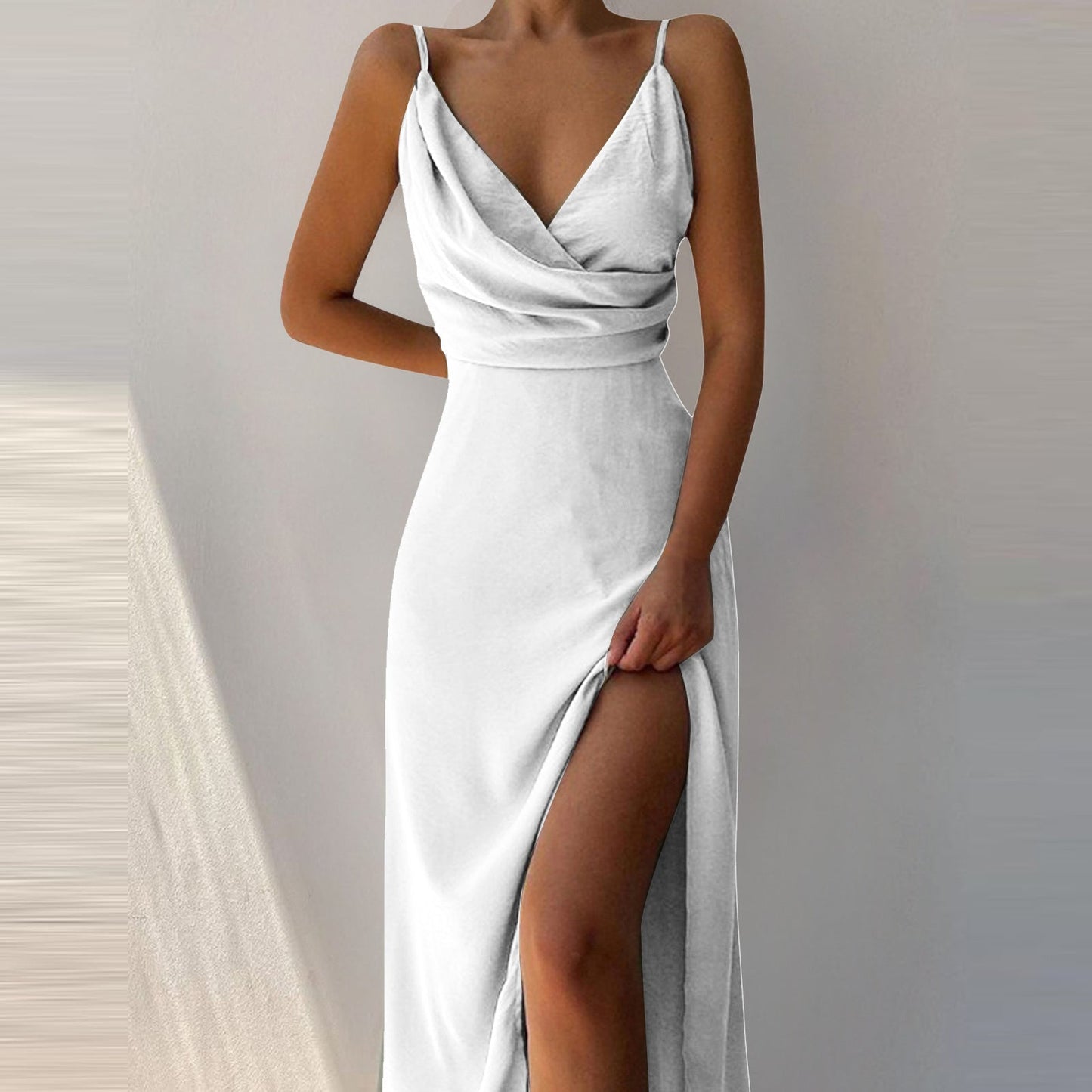 GoldenGlow - Elegant V-Neck Slit Midi Dress - by The Nevermore