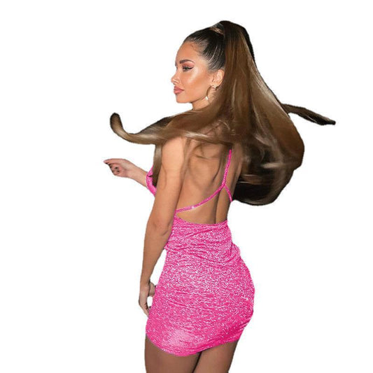 Women's Fashionable Elegant Bright Silk Low-cut Lace Up Suspender Dress