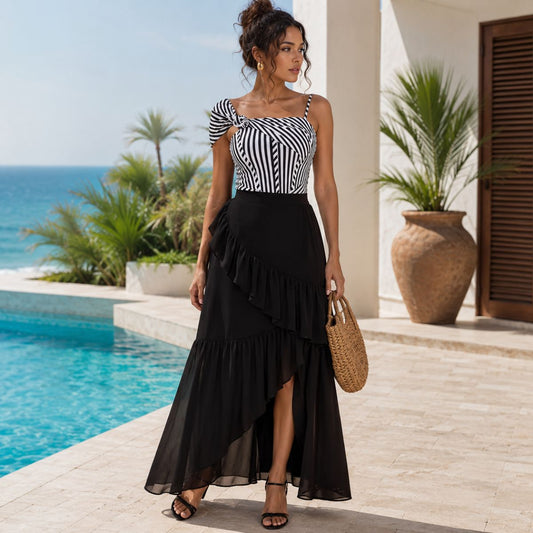 One-Piece Swimsuit - Coastal Harmony by The Nevermore – Unique Swimsuits for Women by The Nevermore | Free Size Black Skirt