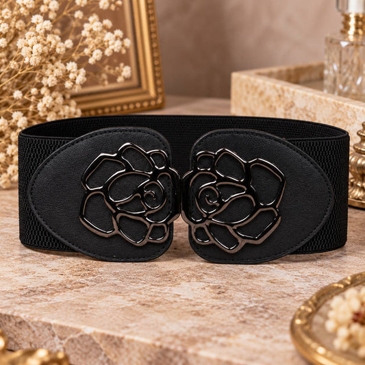 Rose Flower Double-Buckle Belt by The Nevermore – Unique Belts by The Nevermore | 60-80 cm Black
