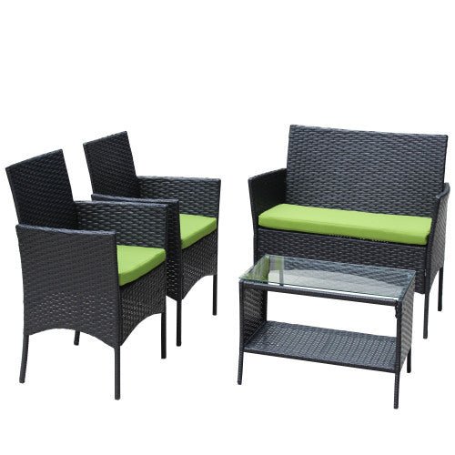 4 PC Rattan Patio Furniture Set Outdoor Patio Cushioned Seat Wicker Sofa Green Cushion