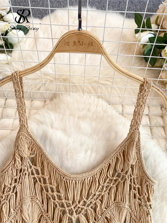 Singreiny – Bohemian Tassel Knit Camisole by The Nevermore – Unique Boho Cover - Ups by Nevermore Lifestyle & Tech | One Size beige