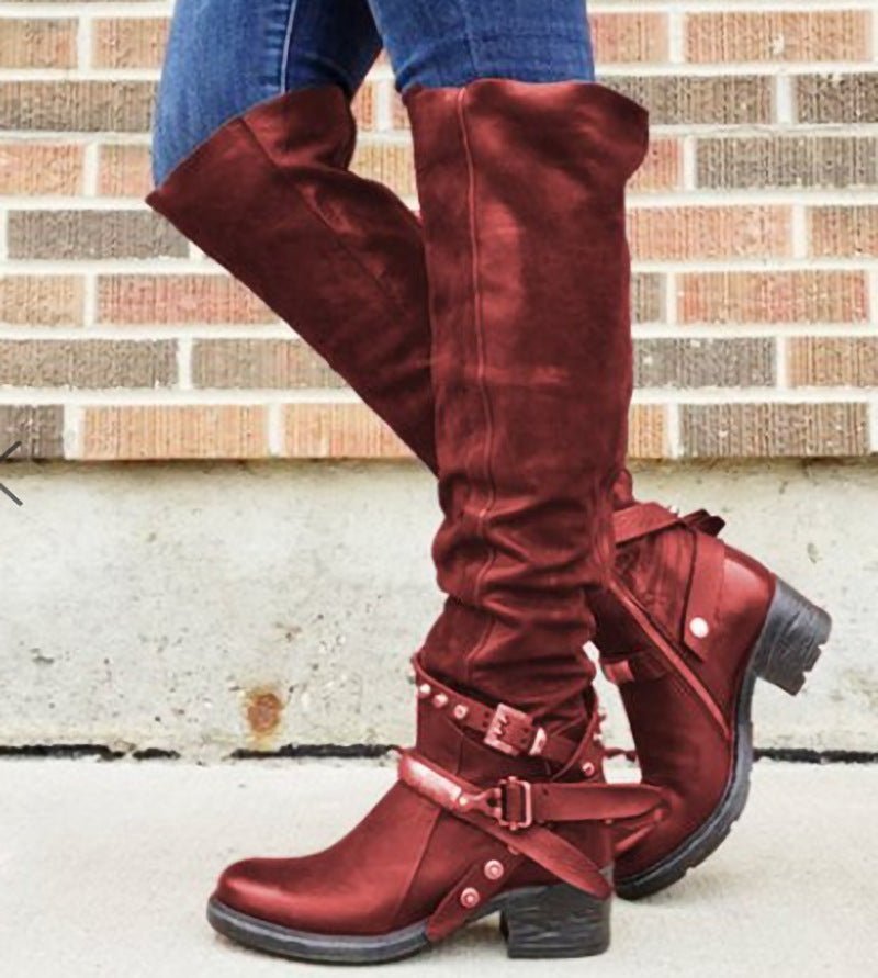 Starlet Luxe Buckled High - Tube Boots - by The Nevermore – Unique Boots for Women by Nevermore Lifestyle & Tech | 34 Wine Red