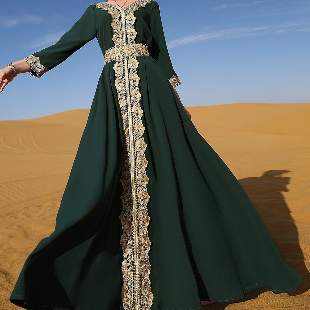 Stellar Bloom - Embroidered Lace Long Dress by The Nevermore – Unique Dresses by Nevermore Lifestyle & Tech | 2XL Dark green