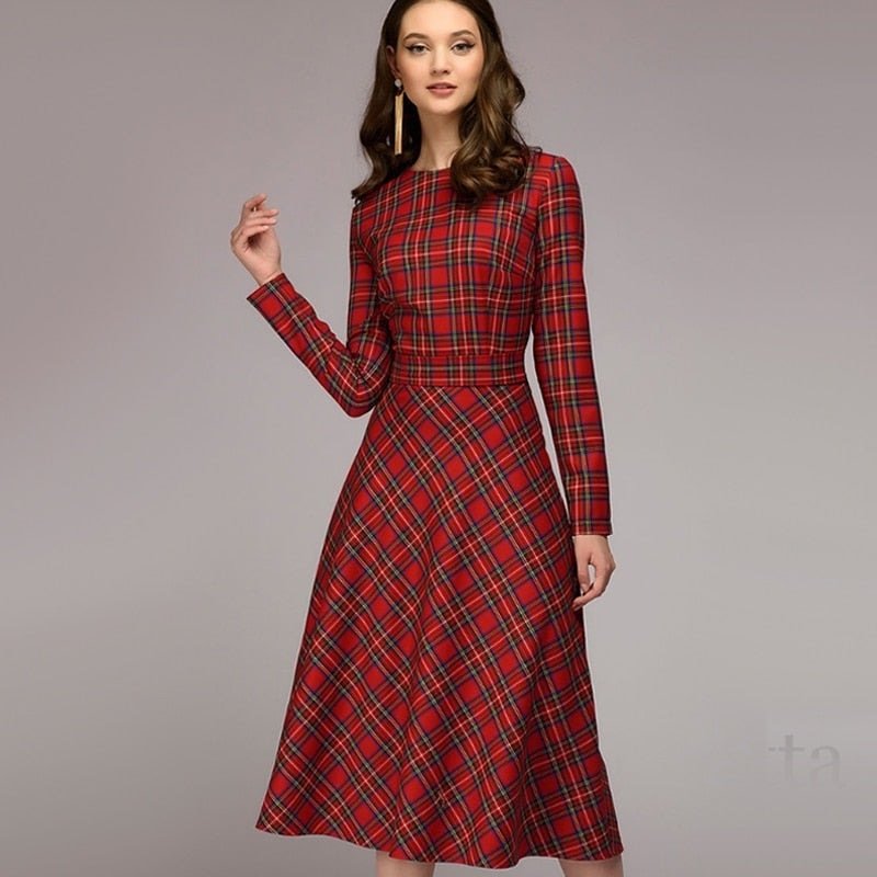 Tyanne - Plaid Elegant Midi Dress by The Nevermore – Unique Dresses by Nevermore Lifestyle & Tech | L Red