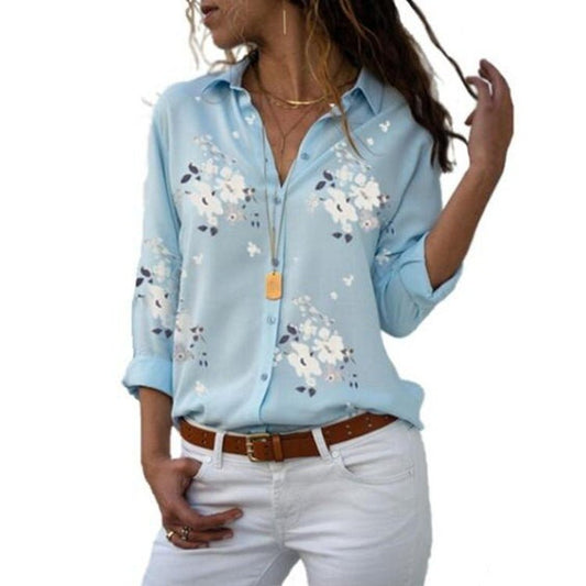 Casual Printed Cardigan Lapel Women's Long-sleeved Shirt