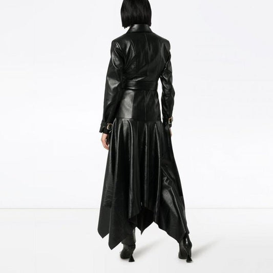 Victia - PU Leather Long Jacket with Belt by The Nevermore – Unique Jackets by Nevermore Lifestyle & Tech | L Black