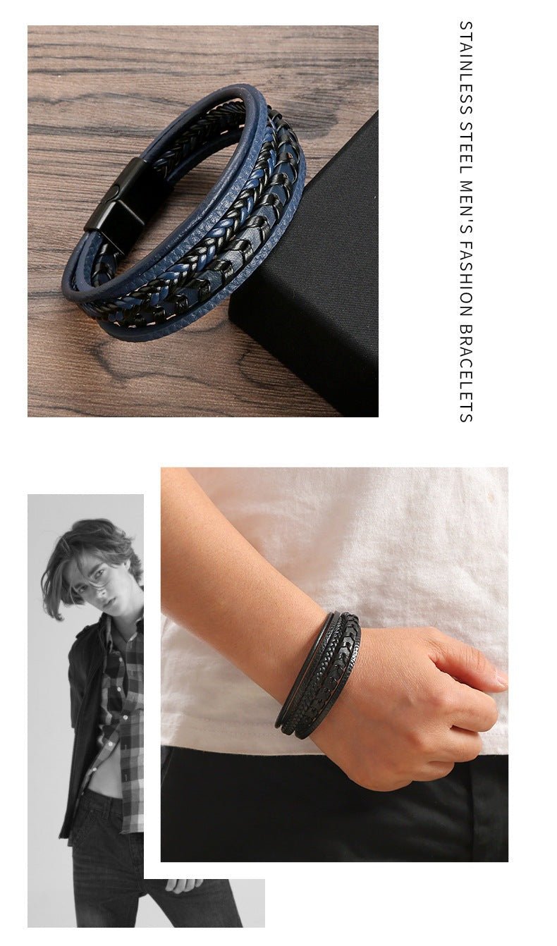 Vigor - The Nevermore Multi - layer Leather Rope Woven Bracelet – Unique Bracelets by Nevermore Lifestyle & Tech | All Black 23cm