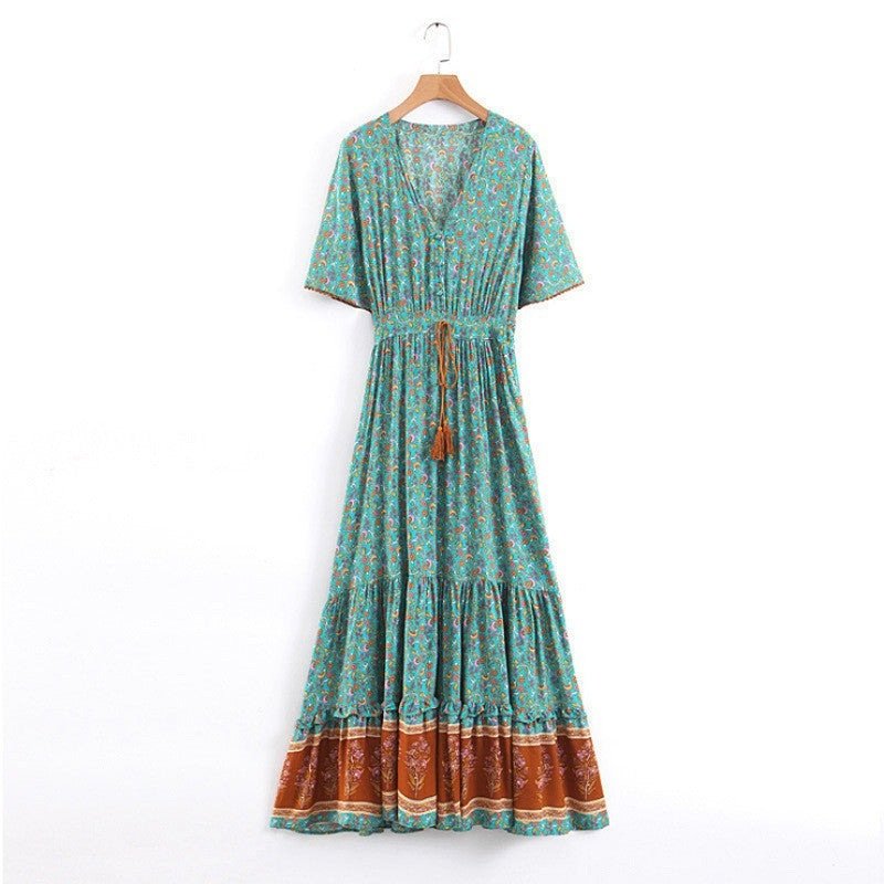 Vivid Fringe - Long V-Neck Dress with Swing Skirt by The Nevermore