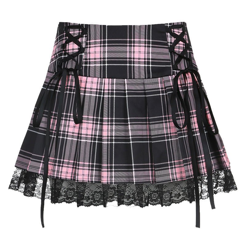 Xena Shadowwell - The Nevermore Gothic Sexy Lace Check Pleated Skirt – Unique Gothic Fashion for Women by Nevermore Lifestyle & Tech | L Pink