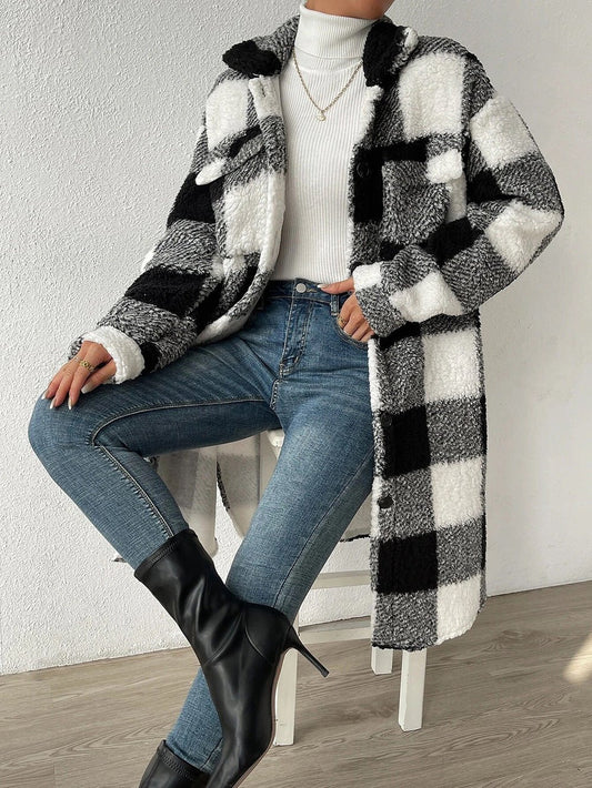 Ziarre Anitra - Plush Plaid Coat by The Nevermore – Unique Coats for Women by Nevermore Lifestyle & Tech | L Black And White Plaid