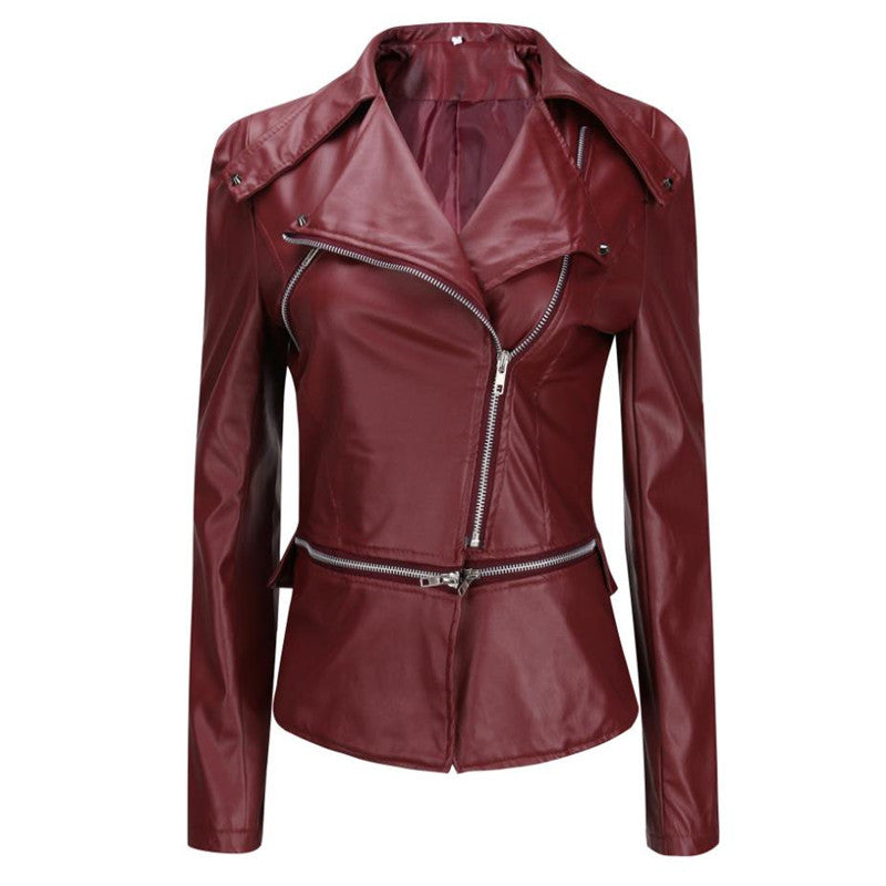 The jacket is made of PU leather and decorated by small discreet rivets. Size options range from S to XXXXL in a variety of colors.