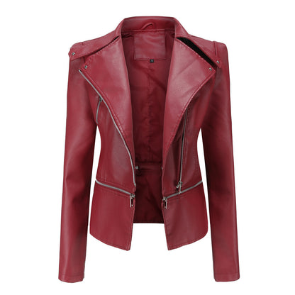 The jacket is made of PU leather and decorated by small discreet rivets. Size options range from S to XXXXL in a variety of colors.