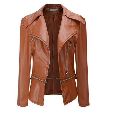 The jacket is made of PU leather and decorated by small discreet rivets. Size options range from S to XXXXL in a variety of colors.