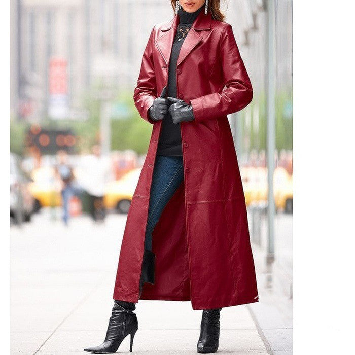 Add Amory - The Nevermore Women's Leather Coat to your wardrobe. A leather coat with an elegant long length, beautiful lapel collar and elegant special style, this timeless coat is made of quality artificial leather, which is sure to elevate your look. Look and feel better with Amory, a Nevermore leather coat!