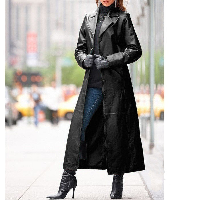 Add Amory - The Nevermore Women's Leather Coat to your wardrobe. A leather coat with an elegant long length, beautiful lapel collar and elegant special style, this timeless coat is made of quality artificial leather, which is sure to elevate your look. Look and feel better with Amory, a Nevermore leather coat!