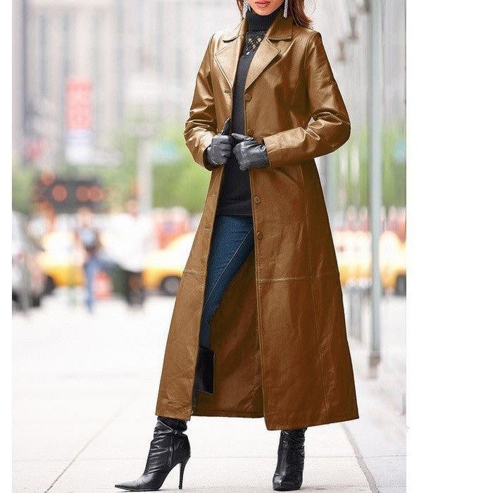 Add Amory - The Nevermore Women's Leather Coat to your wardrobe. A leather coat with an elegant long length, beautiful lapel collar and elegant special style, this timeless coat is made of quality artificial leather, which is sure to elevate your look. Look and feel better with Amory, a Nevermore leather coat!