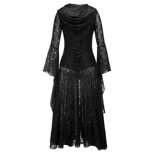 Aurora - The Nevermore Gothic Dress is a timeless modern piece. Made of high-quality lace, it features a classic round neck, long sleeves and a wide waist, an fit for a flattering silhouette. The long ruffled skirt adds an elegant touch to the monochrome black dress. Available in S-XL sizes.