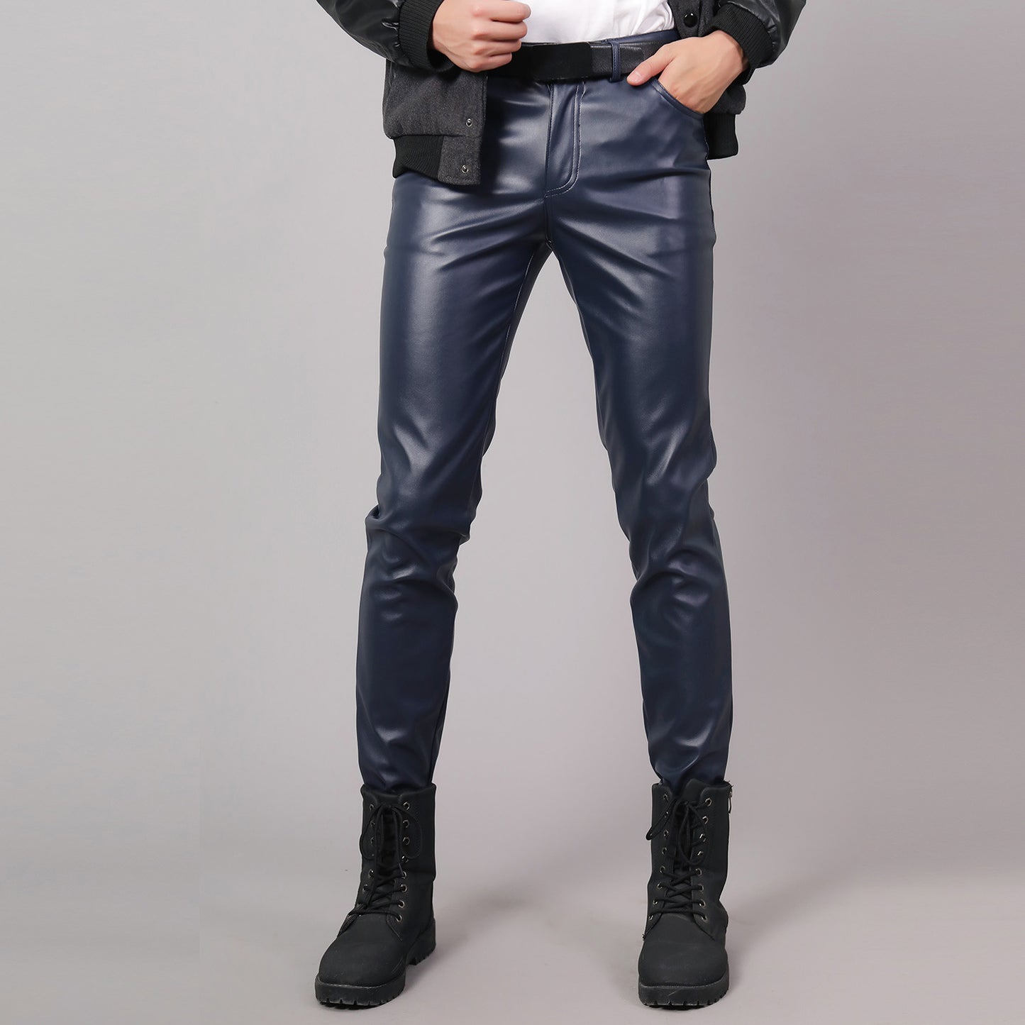 Ayden Leather Slim Pants – The Nevermore Pants for Men, a thin-fitting pants to give you a modern and stylish look. It has a zipper and belt for a personalized fit and is made with a mixture of cotton and elastic fabrics. These pants will provide you with flexibility and comfort throughout the day. Choose between bold black or dark blue for a timeless classic look.