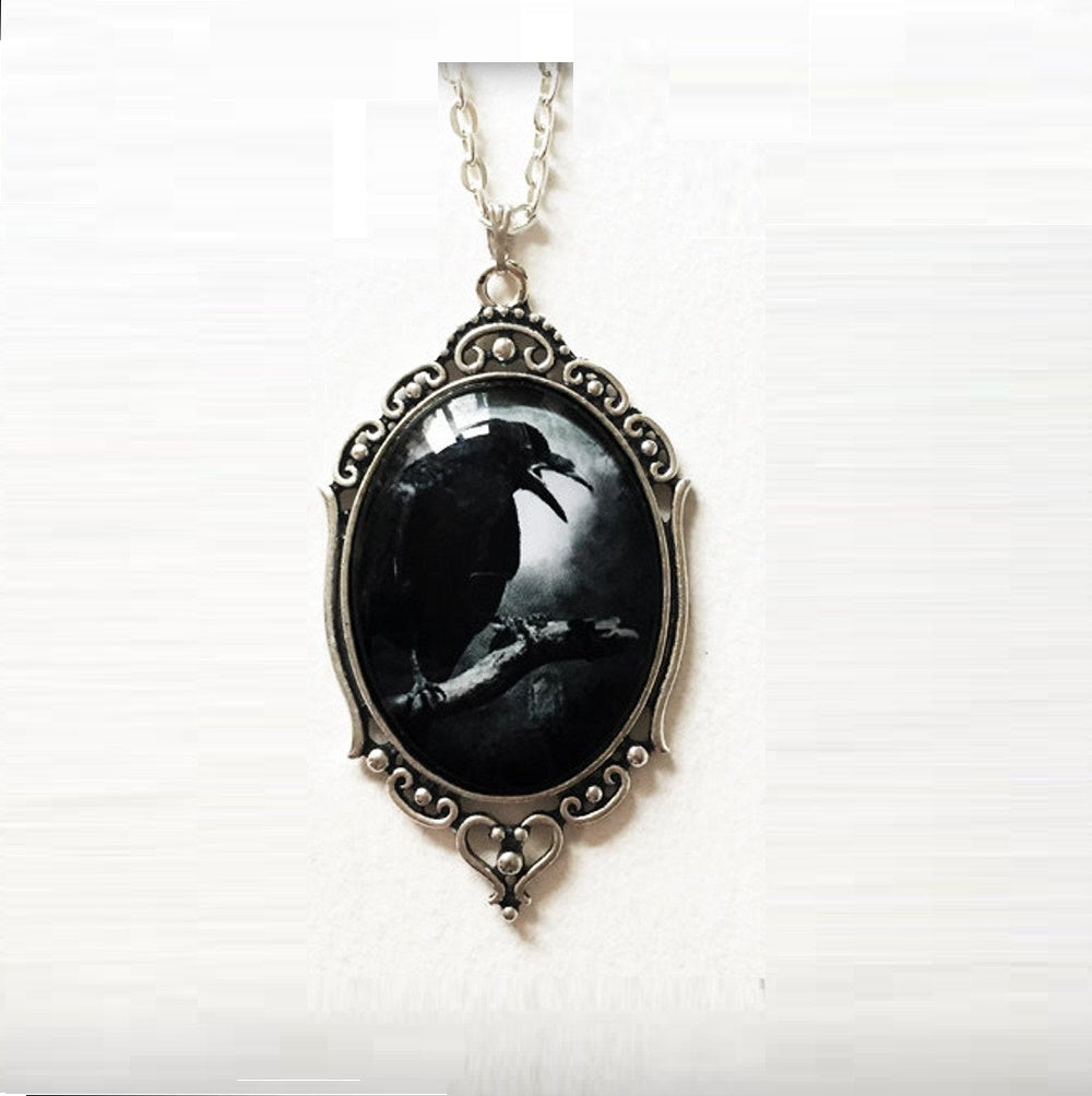 Black Crow Cawing- The Nevermore Gothic Pendant Necklace