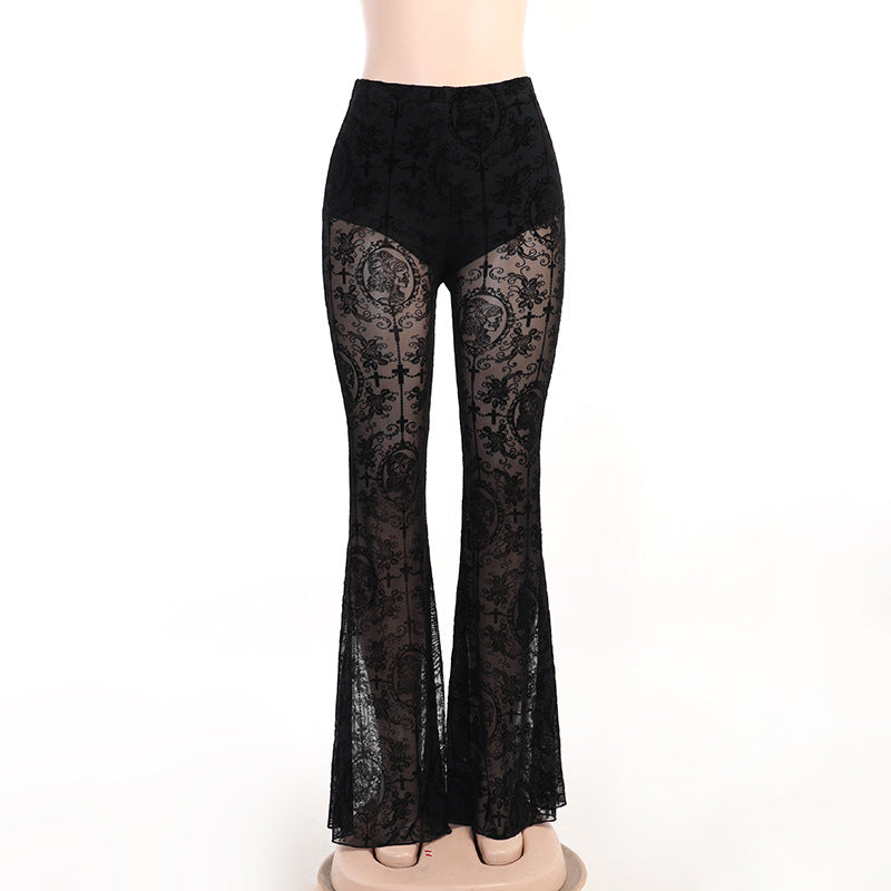 Boiling Blood - The Nevermore Gothic Pants for Women Lace See Through High Waisted Slim Flared Trousers