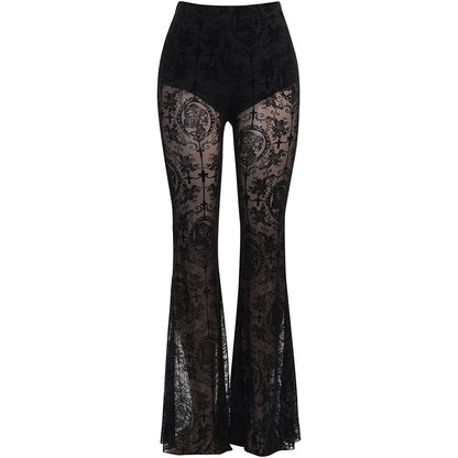 Boiling Blood - The Nevermore Gothic Pants for Women Lace See Through High Waisted Slim Flared Trousers