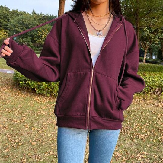 Casual Solid Color Hooded Zipper Sweater - The Nevermore Hoodies for Woman