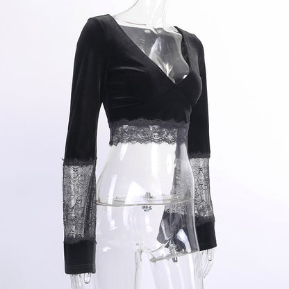 Chandra Velvet - The Nevermore Gothic Tank See-through Long-sleeved Top Long-sleeved Cropped Lace