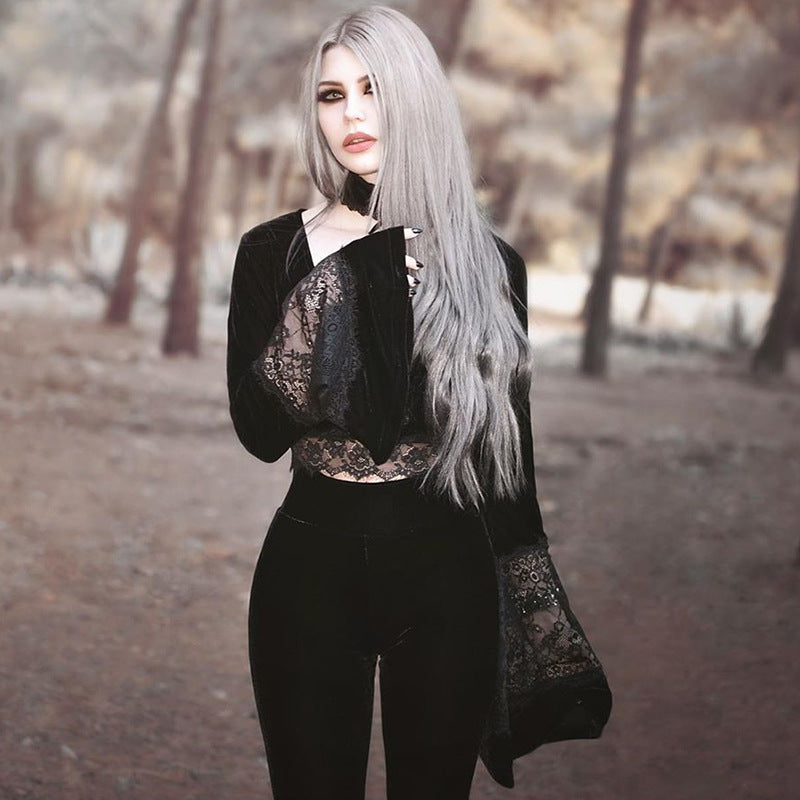 Chandra Velvet - The Nevermore Gothic Tank See-through Long-sleeved Top Long-sleeved Cropped Lace