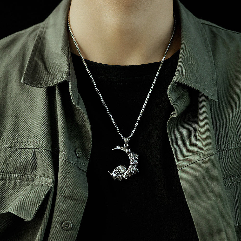 Crescent Moon Skull - The Nevermore Gothic Pendant - Necklace Stainless Steel