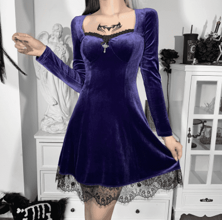 Darcy Vex - The Nevermore Gothic Dress Lace Long Sleeve Square Neck