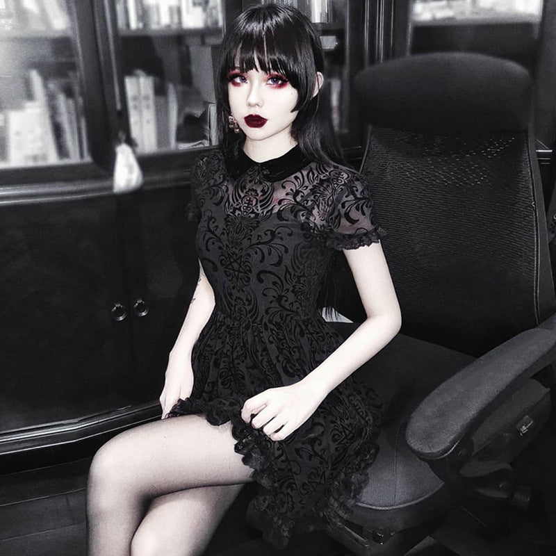 Dark Lolita Sexy Mesh Short Sleeve High Waist - The Nevermore Gothic Dress