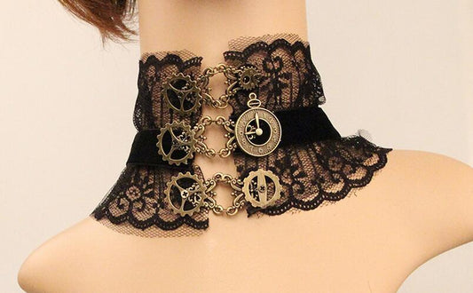 Elegant Black Lace with Metal Gears - The Nevermore Steampunk Necklace Choker