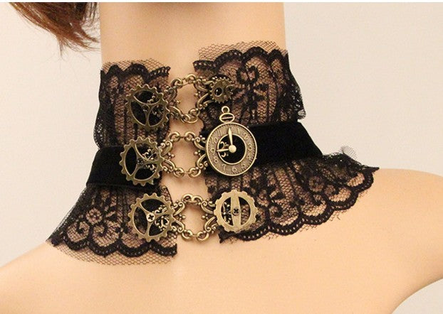 Elegant Black Lace with Metal Gears - The Nevermore Steampunk Necklace Choker