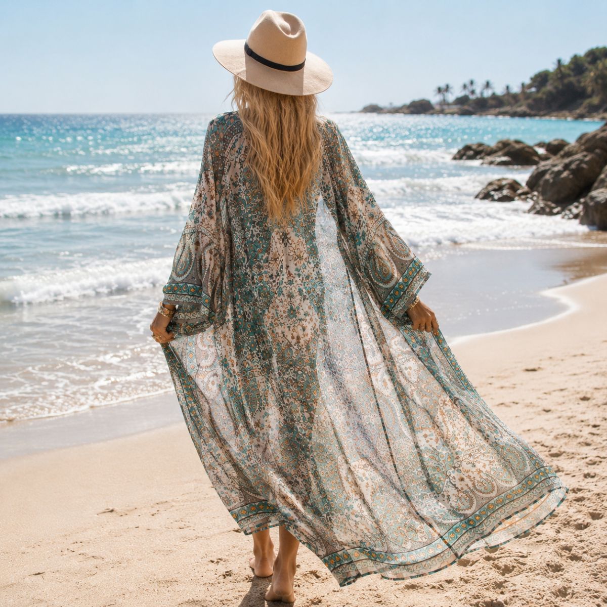 A woman viewed from behind on a sandy beach, wearing a long sheer bohemian-style maxi cover-up dress with a green, beige, and white paisley pattern, a wide-brimmed straw hat, and sandals.