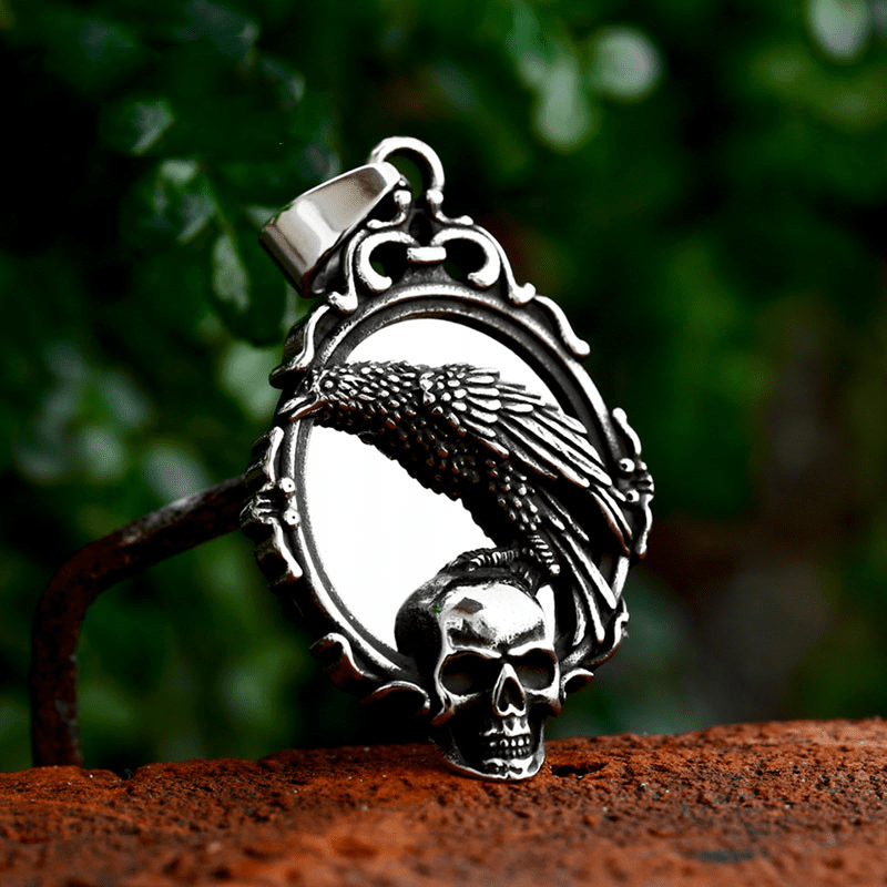 Enchanted Reflection Crow and Skull - The Nevermore Gothic Stainless Steel Pendant Necklace