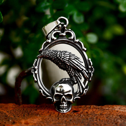 Enchanted Reflection Crow and Skull - The Nevermore Gothic Stainless Steel Pendant Necklace